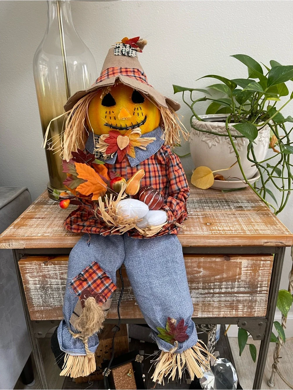 Fiberoptic Scarecrow Sitting Halloween Decoration Lights Up Cute Happy Pumpkin